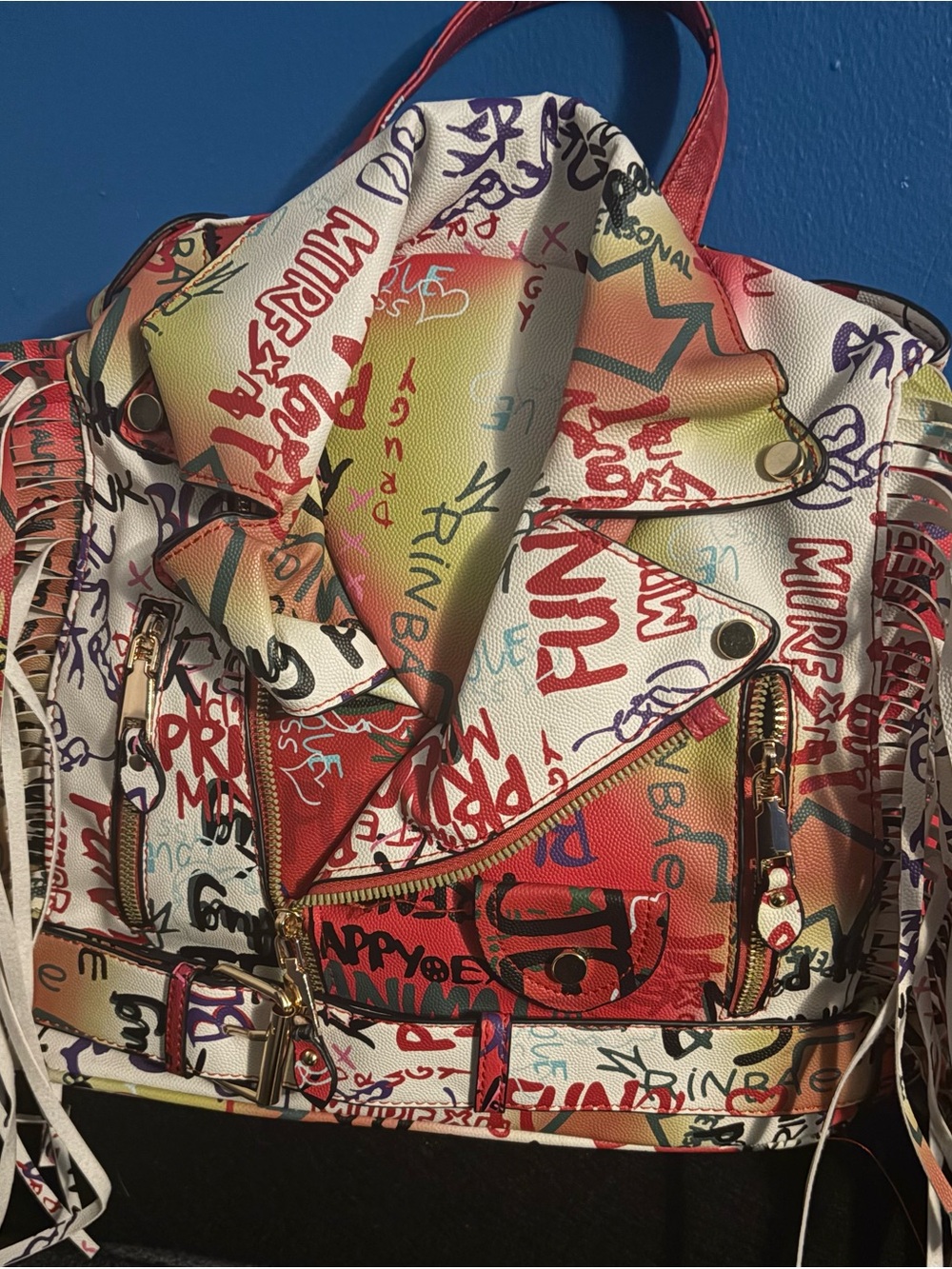 Multicolor Graffiti-Print Women's Moto Backpack Bag